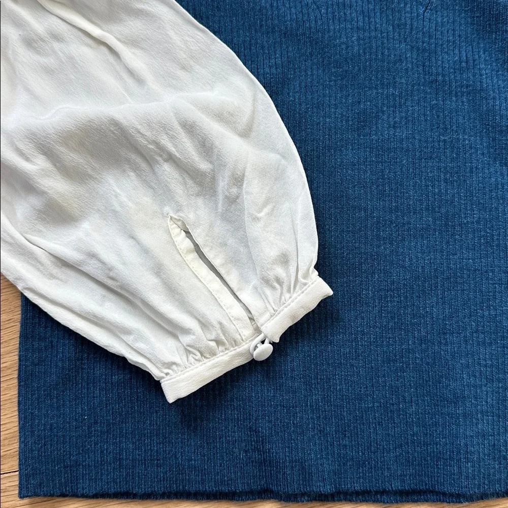 Veronica Beard mixed fabric top/ blue wool crewneck sweater & silk sleeves sz XS